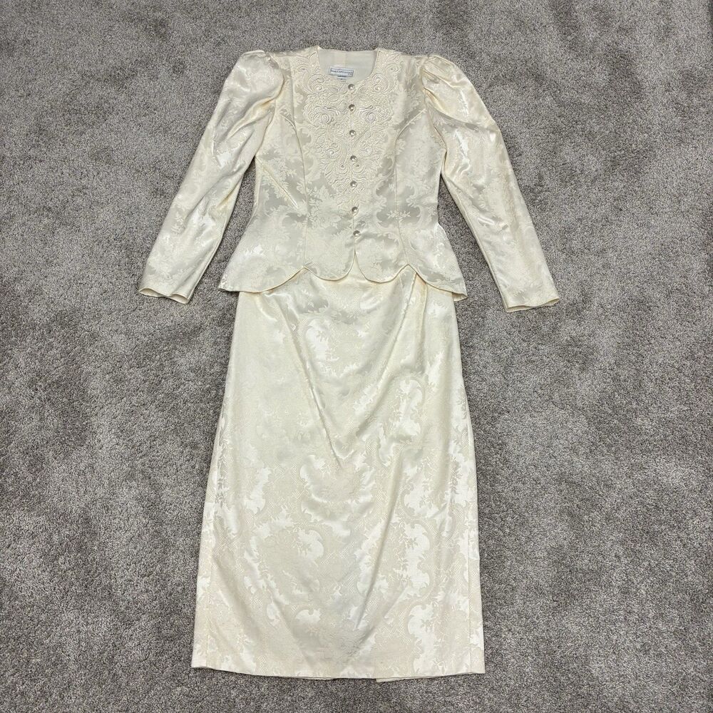 VTG Jessica McClintock Bridal Suit Sz 12 Ivory Peplum Jacket Jacquard Lace 80’s